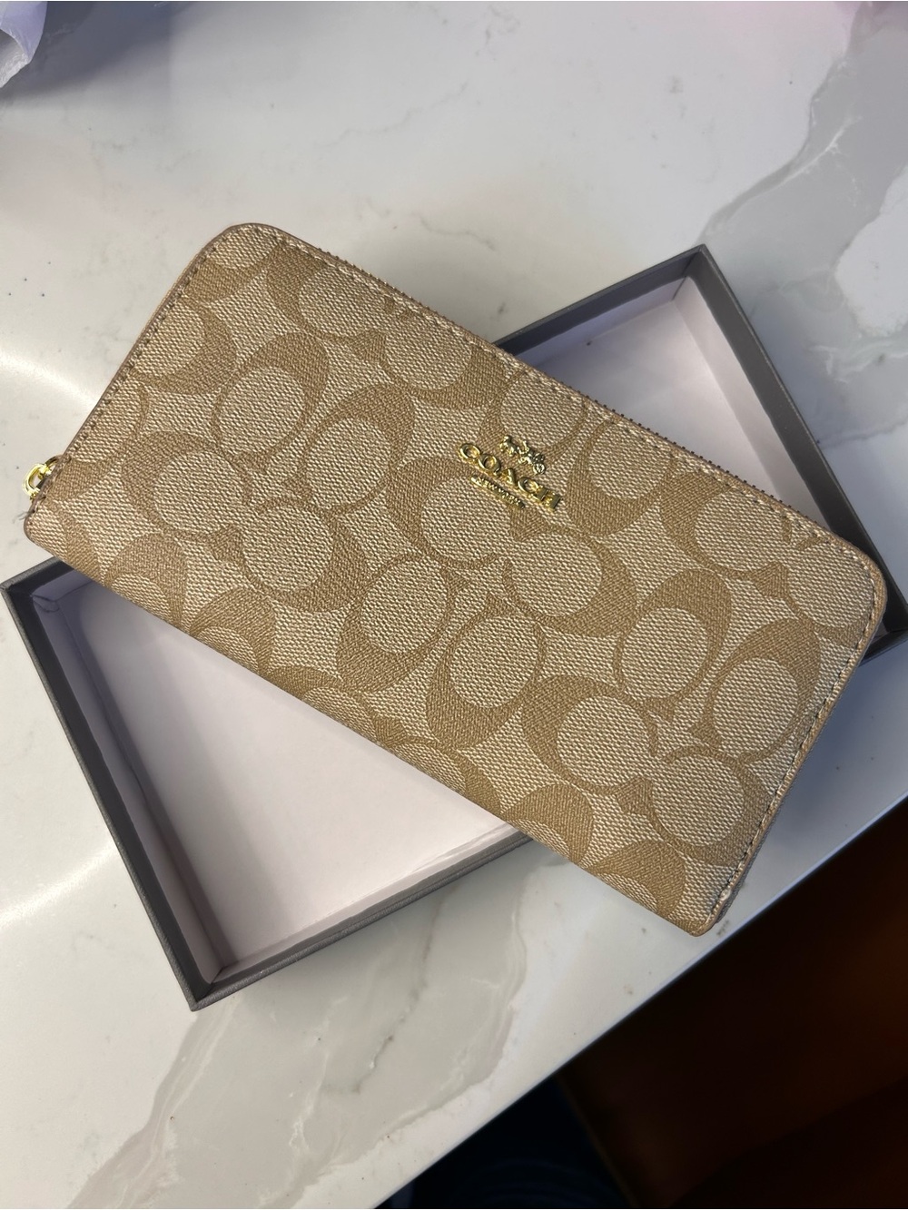 Coach Beige Signature Zip Wallet with Gold Hardware